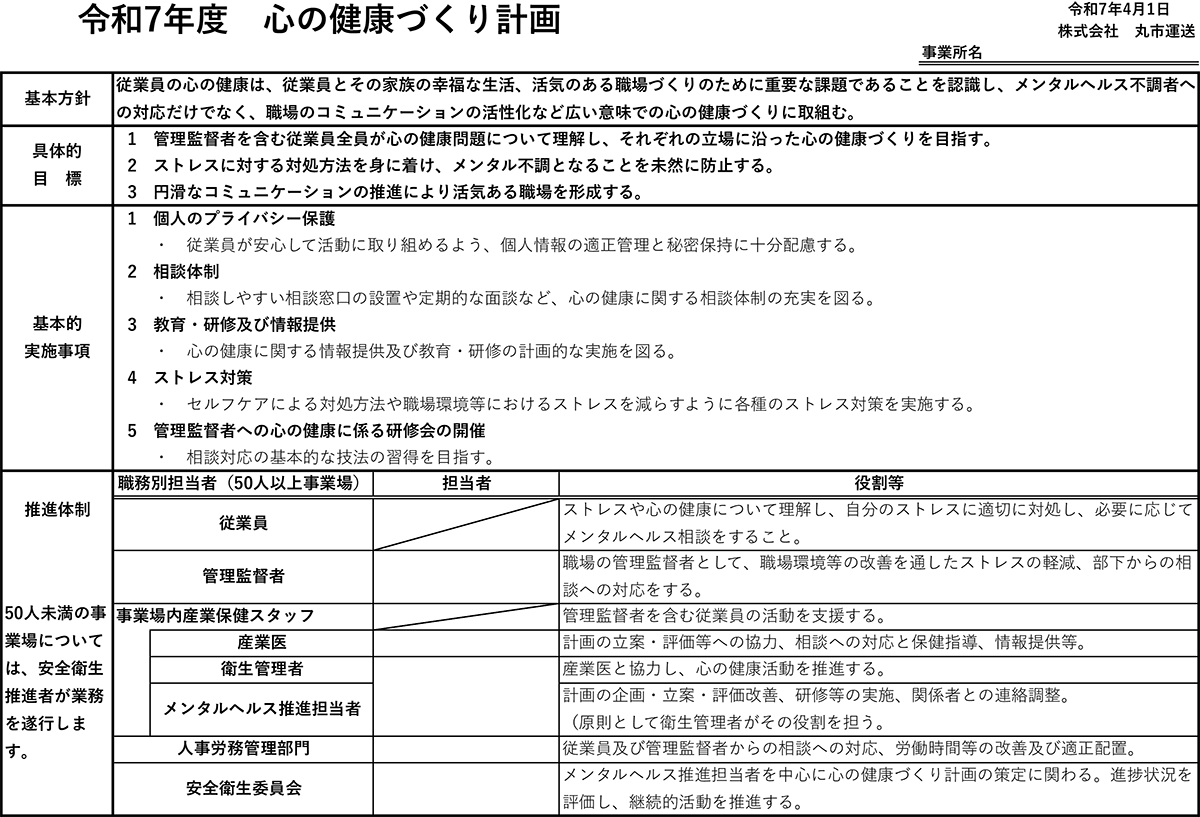 令和7年度　心の健康づくり計画における取組事項年次計画表